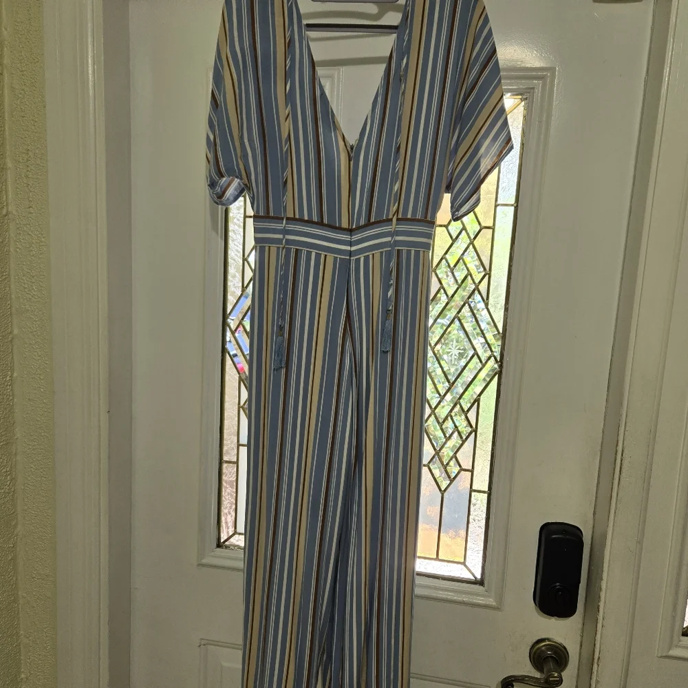 Lulu's Vacation Bae Brown/Blue/Wht Striped Jumpsuit Romper Sm. - Picture 3 of 7